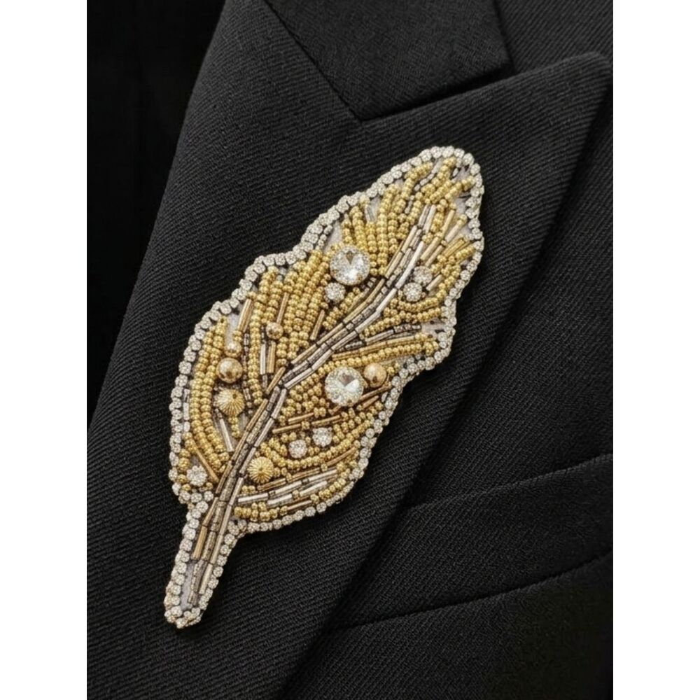 Gold and Silver Beaded Feather Brooch - Women's Jewelry Handmade Handcrafted